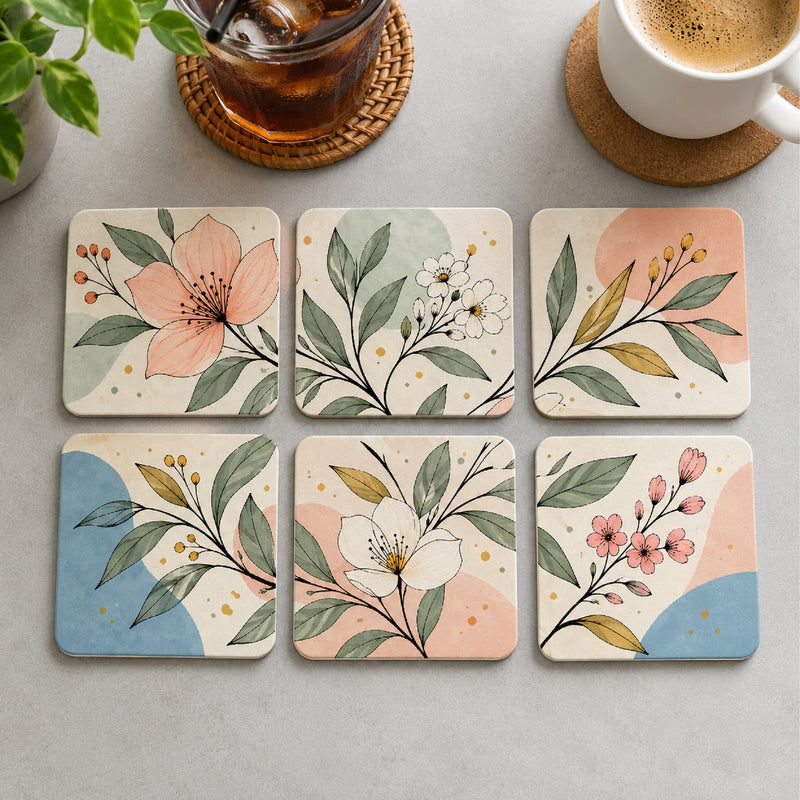 Todfod Floral Breeze Wooden MDF Coasters Set of 6 | 4 x 4 Inch Floral Printed Tea and Coffee Cup Coasters for Home and Office