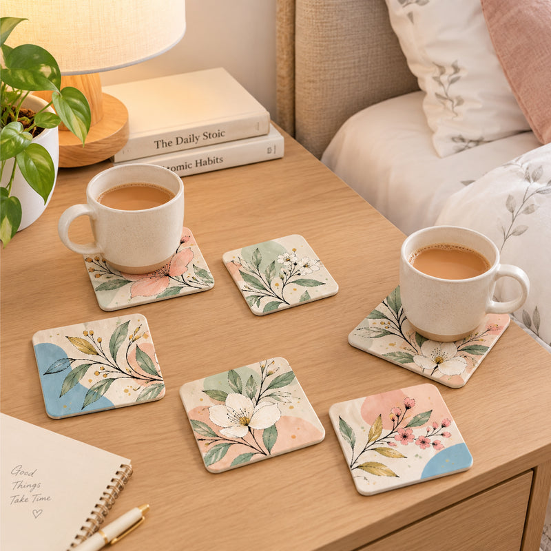 Todfod Floral Breeze Wooden MDF Coasters Set of 6 | 4 x 4 Inch Floral Printed Tea and Coffee Cup Coasters for Home and Office