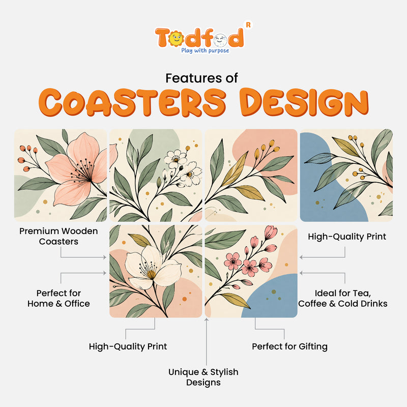 Todfod Floral Breeze Wooden MDF Coasters Set of 6 | 4 x 4 Inch Floral Printed Tea and Coffee Cup Coasters for Home and Office