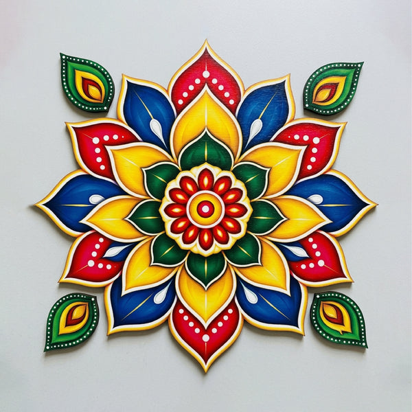 Todfod Colourful Floral Mandala Wooden MDF Rangoli 14 Inch | Traditional Decorative Floor Rangoli for Diwali Home Entrance and Pooja