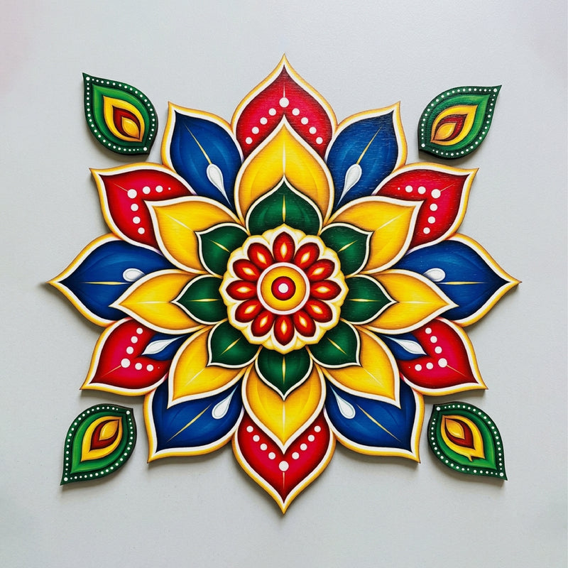 Todfod Colourful Floral Mandala Wooden MDF Rangoli 14 Inch | Traditional Decorative Floor Rangoli for Diwali Home Entrance and Pooja