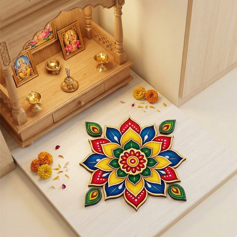 Todfod Colourful Floral Mandala Wooden MDF Rangoli 14 Inch | Traditional Decorative Floor Rangoli for Diwali Home Entrance and Pooja