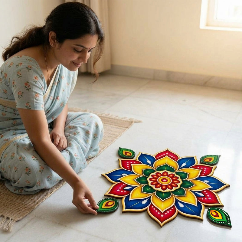 Todfod Colourful Floral Mandala Wooden MDF Rangoli 14 Inch | Traditional Decorative Floor Rangoli for Diwali Home Entrance and Pooja