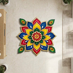 Todfod Colourful Floral Mandala Wooden MDF Rangoli 14 Inch | Traditional Decorative Floor Rangoli for Diwali Home Entrance and Pooja
