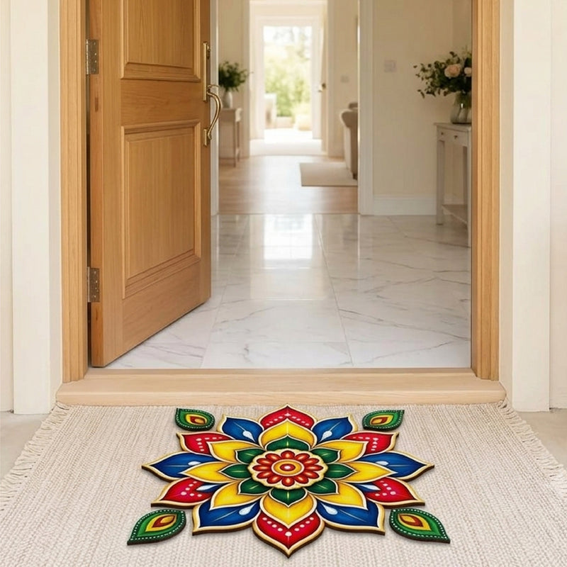Todfod Colourful Floral Mandala Wooden MDF Rangoli 14 Inch | Traditional Decorative Floor Rangoli for Diwali Home Entrance and Pooja