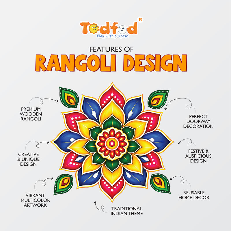 Todfod Colourful Floral Mandala Wooden MDF Rangoli 14 Inch | Traditional Decorative Floor Rangoli for Diwali Home Entrance and Pooja