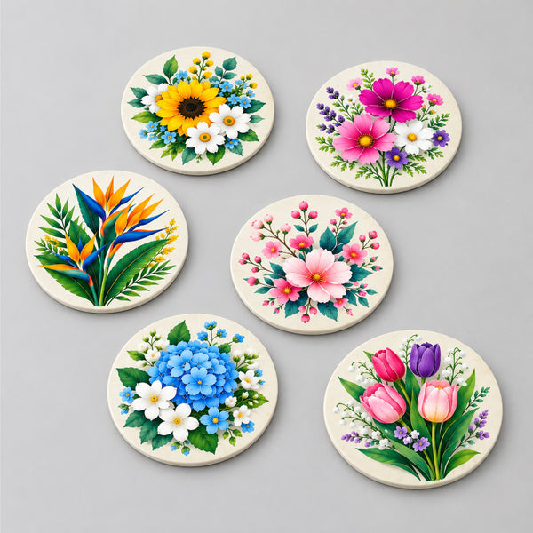 Todfod Floral Design Wooden MDF Coasters Set of 6 | Round 4 Inch Flower Printed Tea Cup and Coffee Mug Coasters | Decorative Table Coasters for Home and Office