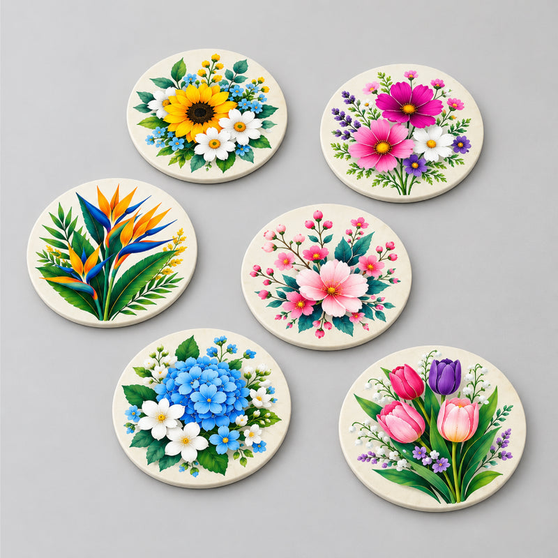 Todfod Floral Design Wooden MDF Coasters Set of 6 | Round 4 Inch Flower Printed Tea Cup and Coffee Mug Coasters | Decorative Table Coasters for Home and Office