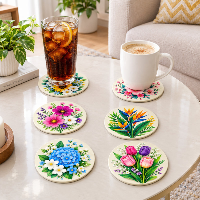 Todfod Floral Design Wooden MDF Coasters Set of 6 | Round 4 Inch Flower Printed Tea Cup and Coffee Mug Coasters | Decorative Table Coasters for Home and Office