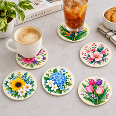 Todfod Floral Design Wooden MDF Coasters Set of 6 | Round 4 Inch Flower Printed Tea Cup and Coffee Mug Coasters | Decorative Table Coasters for Home and Office