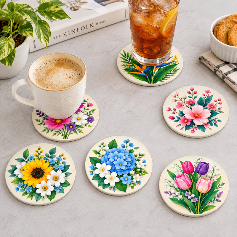 Todfod Floral Design Wooden MDF Coasters Set of 6 | Round 4 Inch Flower Printed Tea Cup and Coffee Mug Coasters | Decorative Table Coasters for Home and Office