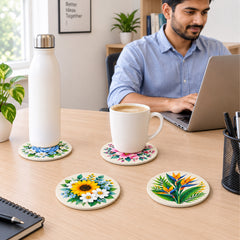 Todfod Floral Design Wooden MDF Coasters Set of 6 | Round 4 Inch Flower Printed Tea Cup and Coffee Mug Coasters | Decorative Table Coasters for Home and Office