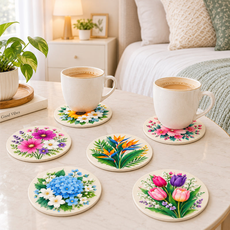 Todfod Floral Design Wooden MDF Coasters Set of 6 | Round 4 Inch Flower Printed Tea Cup and Coffee Mug Coasters | Decorative Table Coasters for Home and Office