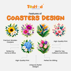 Todfod Floral Design Wooden MDF Coasters Set of 6 | Round 4 Inch Flower Printed Tea Cup and Coffee Mug Coasters | Decorative Table Coasters for Home and Office