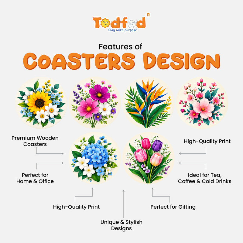 Todfod Floral Design Wooden MDF Coasters Set of 6 | Round 4 Inch Flower Printed Tea Cup and Coffee Mug Coasters | Decorative Table Coasters for Home and Office