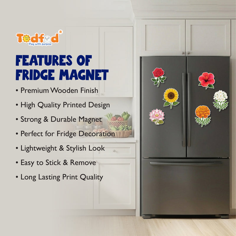 Todfod Flowers Fridge Magnet Set of 6 – Colorful Cartoon Floral MDF Wood Magnets for Home & Kitchen Decor