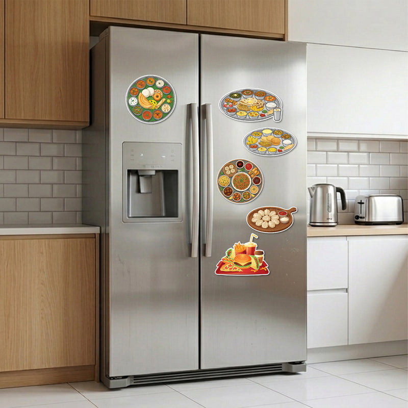 TodFod Food Theme Fridge Magnet Set of 6 | 3 Inch Cartoon Global Cuisine & Fast Food MDF Wood Magnets for Kitchen Decor