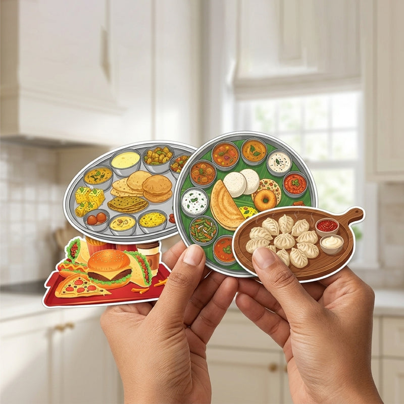 TodFod Food Theme Fridge Magnet Set of 6 | 3 Inch Cartoon Global Cuisine & Fast Food MDF Wood Magnets for Kitchen Decor