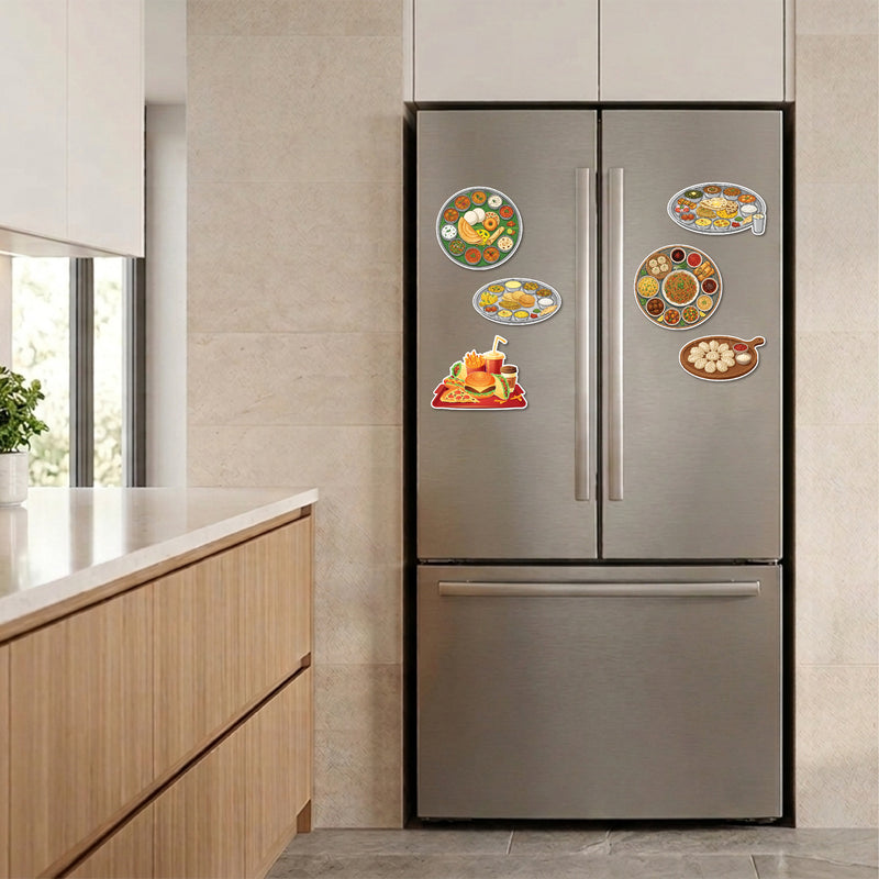 TodFod Food Theme Fridge Magnet Set of 6 | 3 Inch Cartoon Global Cuisine & Fast Food MDF Wood Magnets for Kitchen Decor