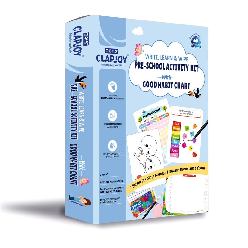 Pre-School Activity Kit for Kids 3+ Years | Write Learn & Wipe Tracing Board, Reusable Activity Cards, 12 Color Sketch Pens, Marker & Good Habit Chart