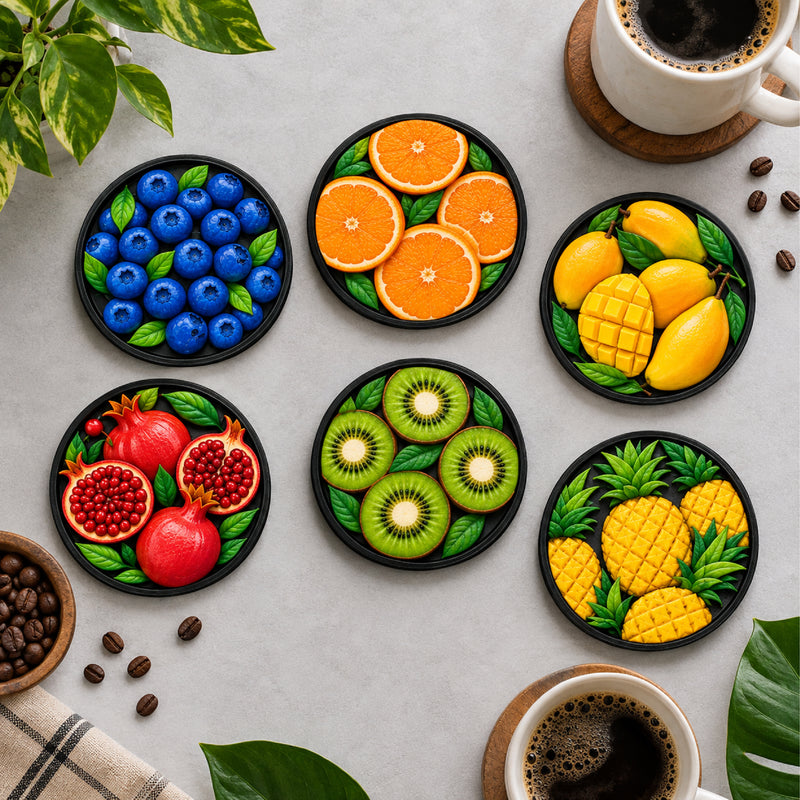 Todfod 3D Fruit Design MDF Coasters Set of 6 | 4 Inch Round Decorative Tea Cup and Coffee Mug Coasters | Colourful Fruit Printed Table Coasters for Home and Office