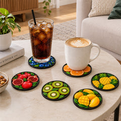 Todfod 3D Fruit Design MDF Coasters Set of 6 | 4 Inch Round Decorative Tea Cup and Coffee Mug Coasters | Colourful Fruit Printed Table Coasters for Home and Office