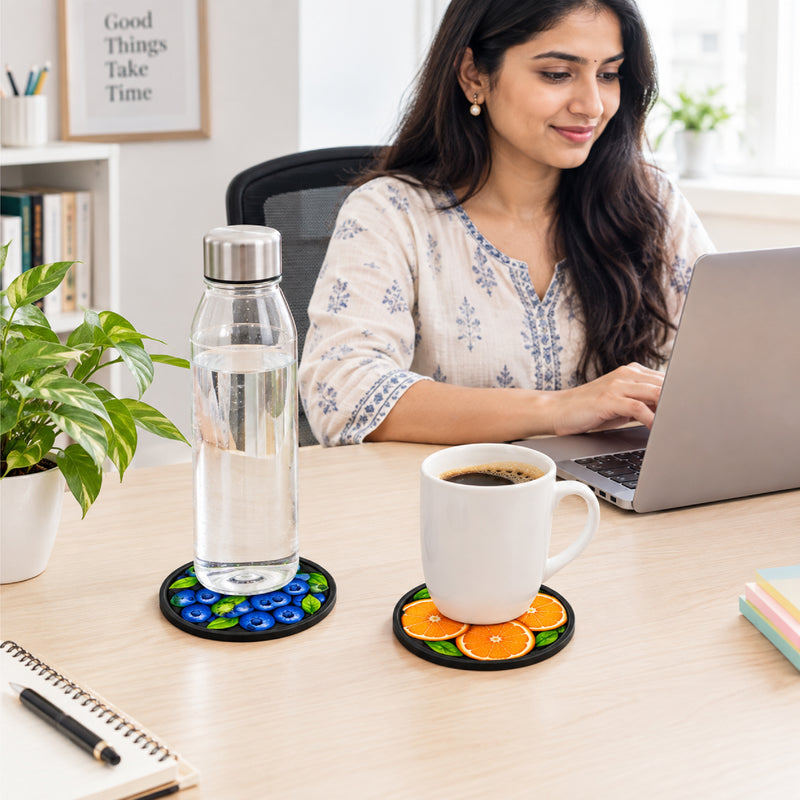 Todfod 3D Fruit Design MDF Coasters Set of 6 | 4 Inch Round Decorative Tea Cup and Coffee Mug Coasters | Colourful Fruit Printed Table Coasters for Home and Office