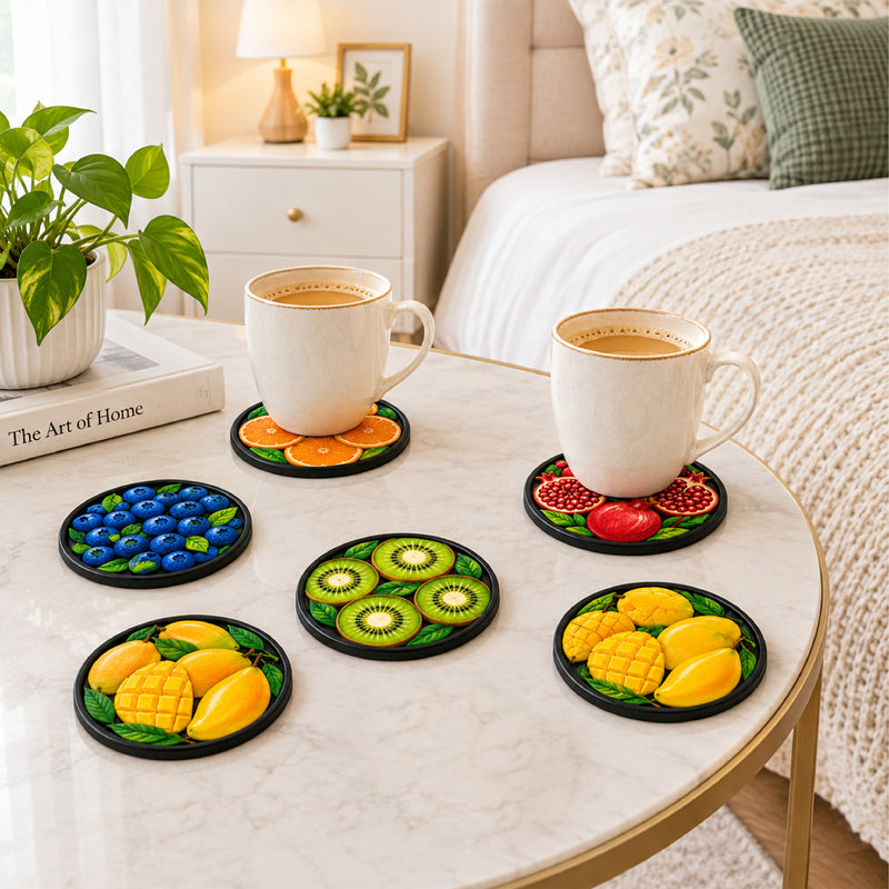 Todfod 3D Fruit Design MDF Coasters Set of 6 | 4 Inch Round Decorative Tea Cup and Coffee Mug Coasters | Colourful Fruit Printed Table Coasters for Home and Office