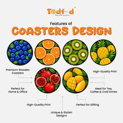 Todfod 3D Fruit Design MDF Coasters Set of 6 | 4 Inch Round Decorative Tea Cup and Coffee Mug Coasters | Colourful Fruit Printed Table Coasters for Home and Office