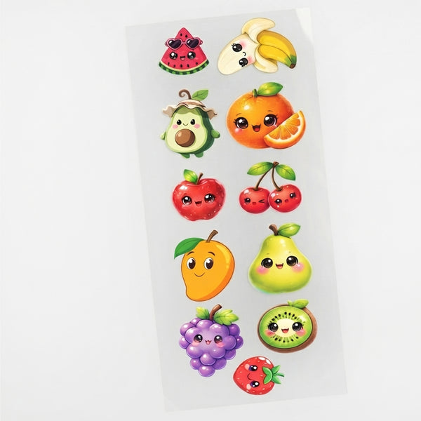 TodFod Cute Fruit DTF Heat Transfer Sticker Sheet | Adorable Fruit Cartoon Iron-On Transfers for T-Shirts, Clothes, Bags & Fabric DIY Crafts | 11 x 4 Inch