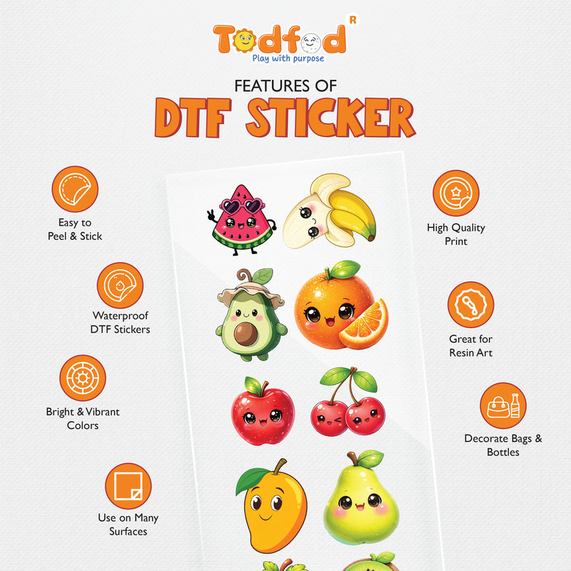 TodFod Cute Fruit DTF Heat Transfer Sticker Sheet | Adorable Fruit Cartoon Iron-On Transfers for T-Shirts, Clothes, Bags & Fabric DIY Crafts | 11 x 4 Inch