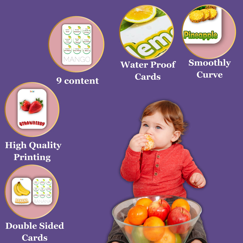 Child with a bowl of fruits and educational cards on a purple background