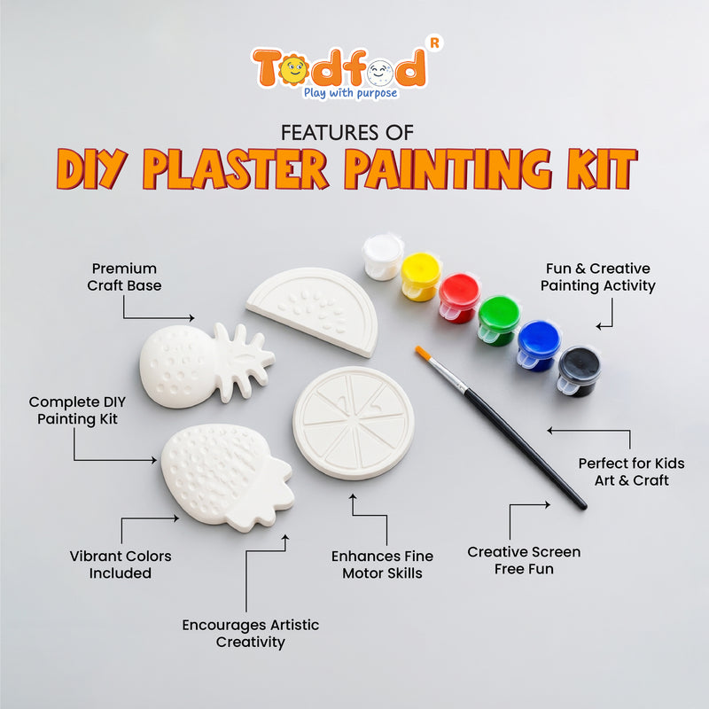 Todfod POP Plaster DIY Painting Kit for Kids | Fruit Shape Plaster Figures with Paints and Brush | Creative Art and Craft Activity