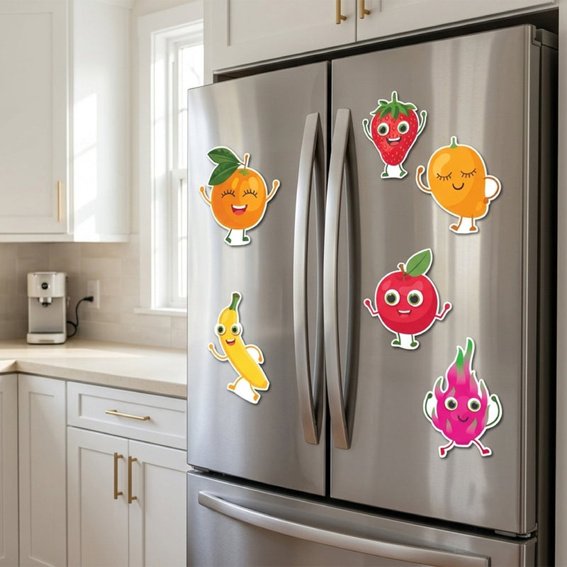 TodFod Fruits Fridge Magnet Set of 6 | 3 Inch Cute Cartoon Personified Fruits MDF Wood Magnets for Kids & Kitchen Decor