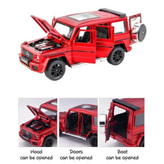 Red toy SUV with open hood, doors, and trunk on a white background