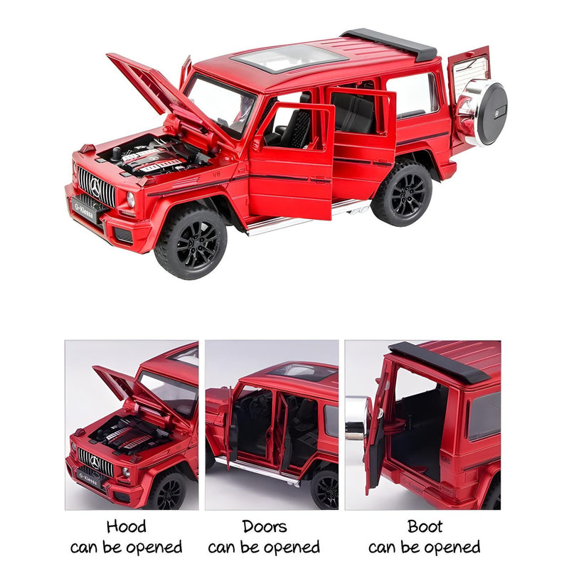 Red toy SUV with open hood, doors, and trunk on a white background