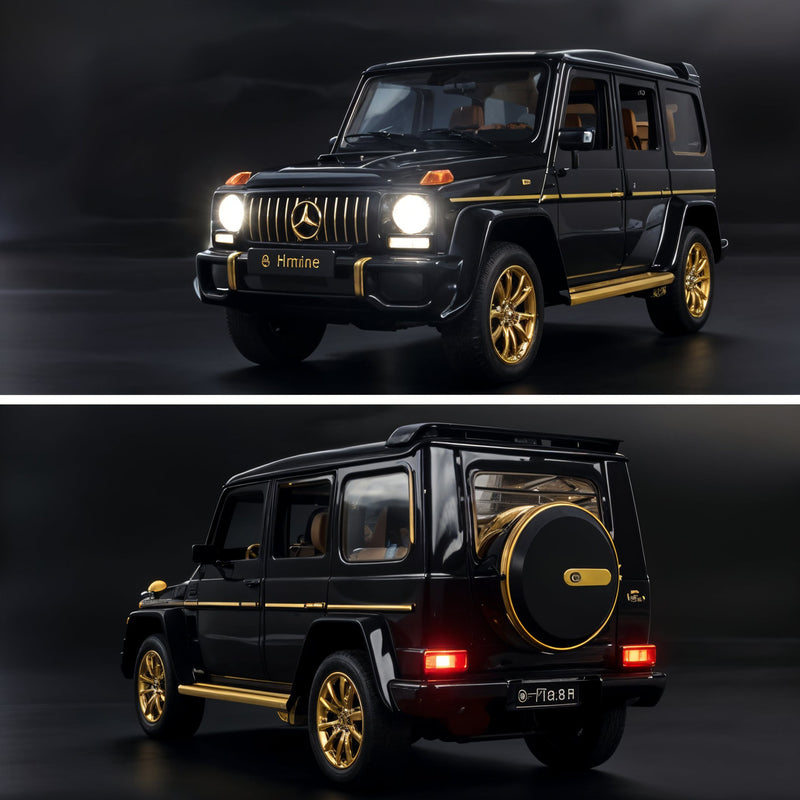 Black and gold Mercedes-Benz G-Class model car on a dark background
