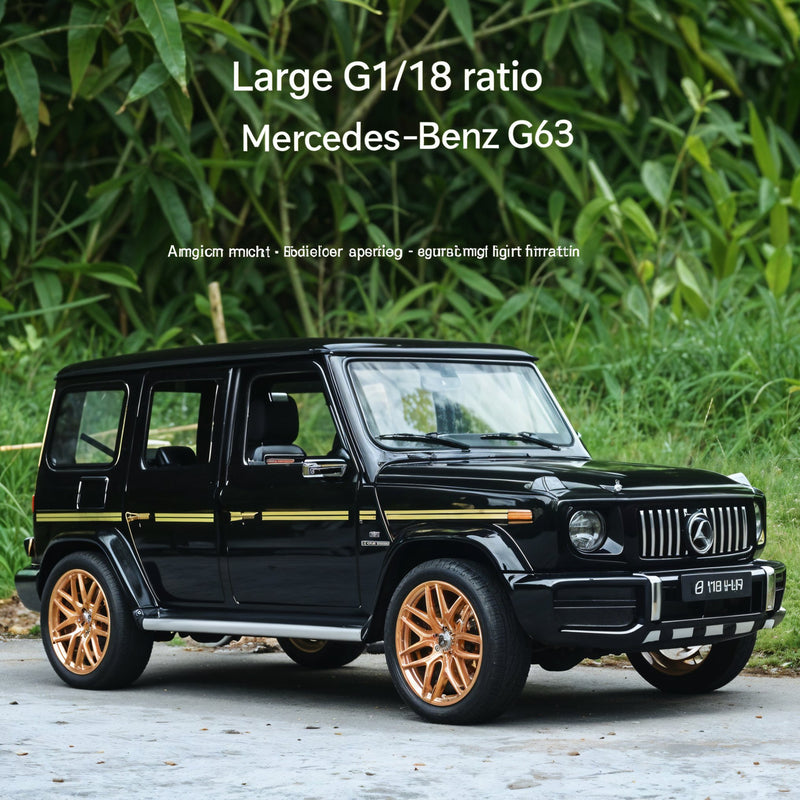 Black Mercedes-Benz G63 with gold rims on a road with greenery in the background