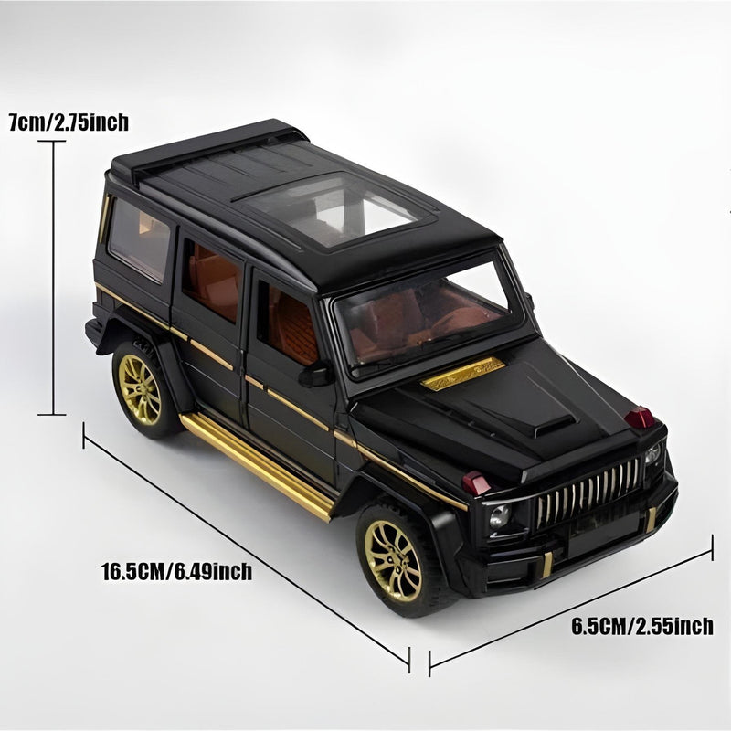 Black toy SUV with gold accents and dimensions indicated on a white background