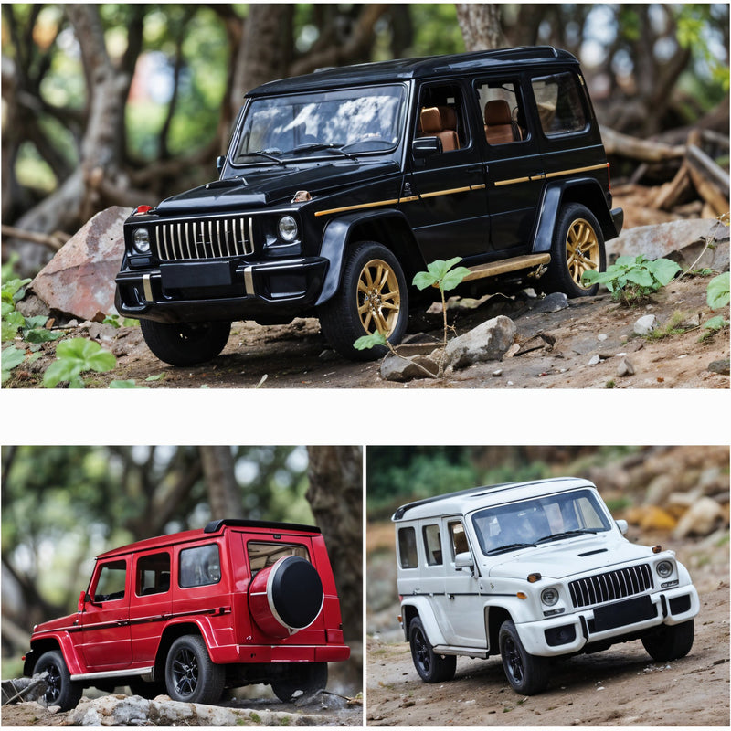 Collage of three toy cars in different colors on a natural background