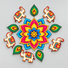 Todfod Gajraj Mandala Wooden MDF Rangoli 14 Inch | Elephant Design Decorative Floor Rangoli for Home Entrance and Diwali
