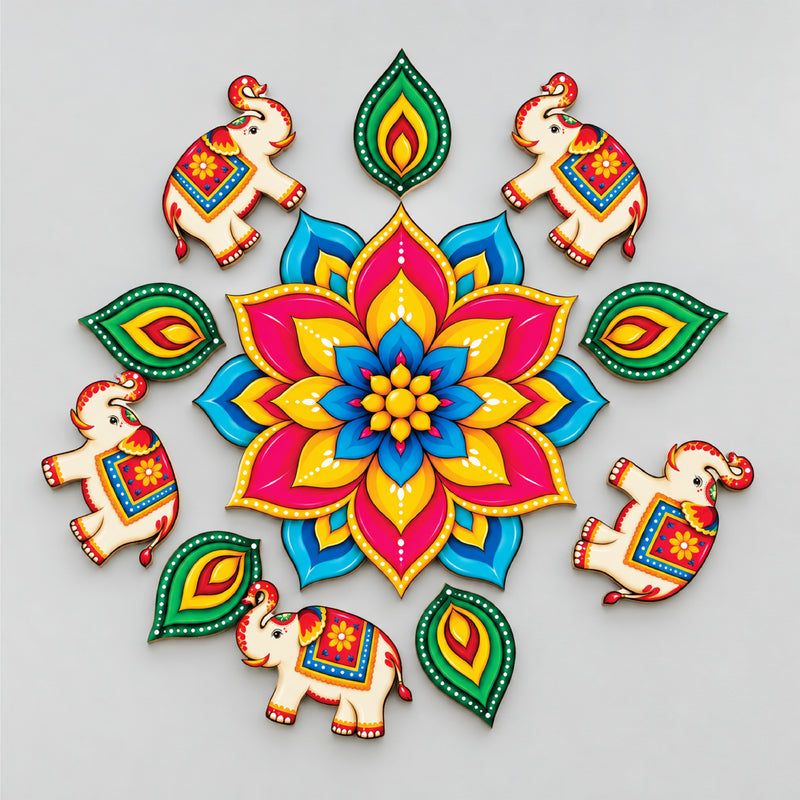 Todfod Gajraj Mandala Wooden MDF Rangoli 14 Inch | Elephant Design Decorative Floor Rangoli for Home Entrance and Diwali