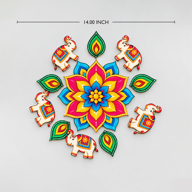 Todfod Gajraj Mandala Wooden MDF Rangoli 14 Inch | Elephant Design Decorative Floor Rangoli for Home Entrance and Diwali