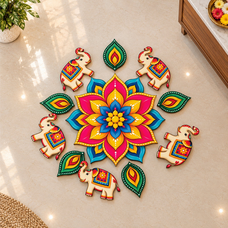 Todfod Gajraj Mandala Wooden MDF Rangoli 14 Inch | Elephant Design Decorative Floor Rangoli for Home Entrance and Diwali
