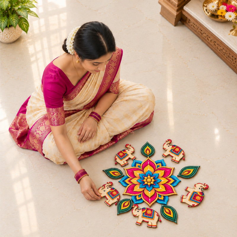 Todfod Gajraj Mandala Wooden MDF Rangoli 14 Inch | Elephant Design Decorative Floor Rangoli for Home Entrance and Diwali