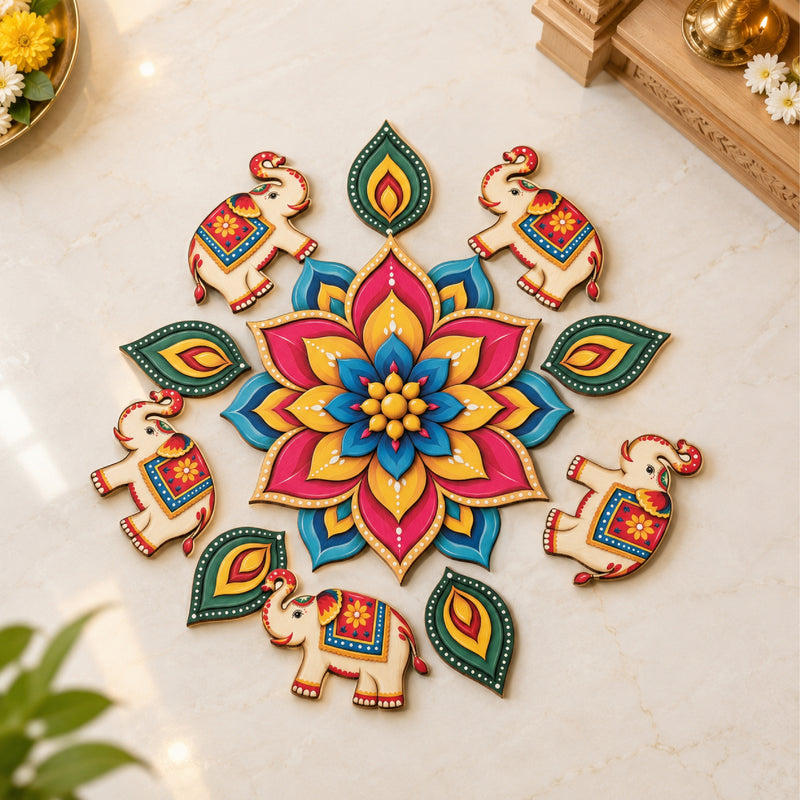 Todfod Gajraj Mandala Wooden MDF Rangoli 14 Inch | Elephant Design Decorative Floor Rangoli for Home Entrance and Diwali
