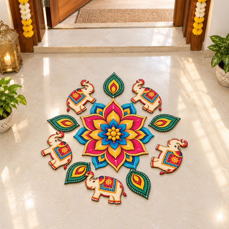 Todfod Gajraj Mandala Wooden MDF Rangoli 14 Inch | Elephant Design Decorative Floor Rangoli for Home Entrance and Diwali