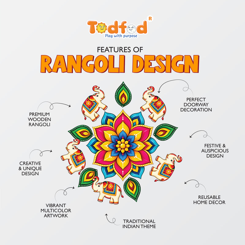 Todfod Gajraj Mandala Wooden MDF Rangoli 14 Inch | Elephant Design Decorative Floor Rangoli for Home Entrance and Diwali