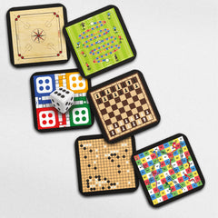 Todfod Game Theme MDF Wooden Tea Coffee Coasters Set of 6 | 4x4 Inch Reusable Table Drink Coasters with Board Game Prints | Heat Resistant Cup Mats for Home Office Desk Decor & Gifts
