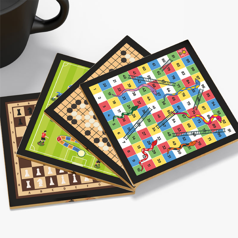 Todfod Game Theme MDF Wooden Tea Coffee Coasters Set of 6 | 4x4 Inch Reusable Table Drink Coasters with Board Game Prints | Heat Resistant Cup Mats for Home Office Desk Decor & Gifts